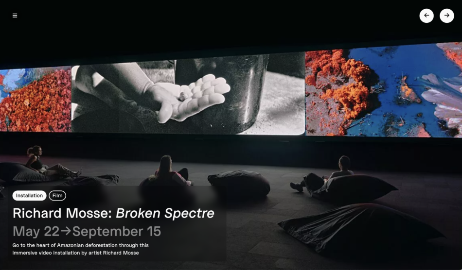 Screenshot of the PHI Centre webpage showing viewers seated on bean bags watching the 'Broken Spectre' installation by Richard Mosse, featuring multi-panel displays of contrasting images depicting environmental destruction and natural beauty.